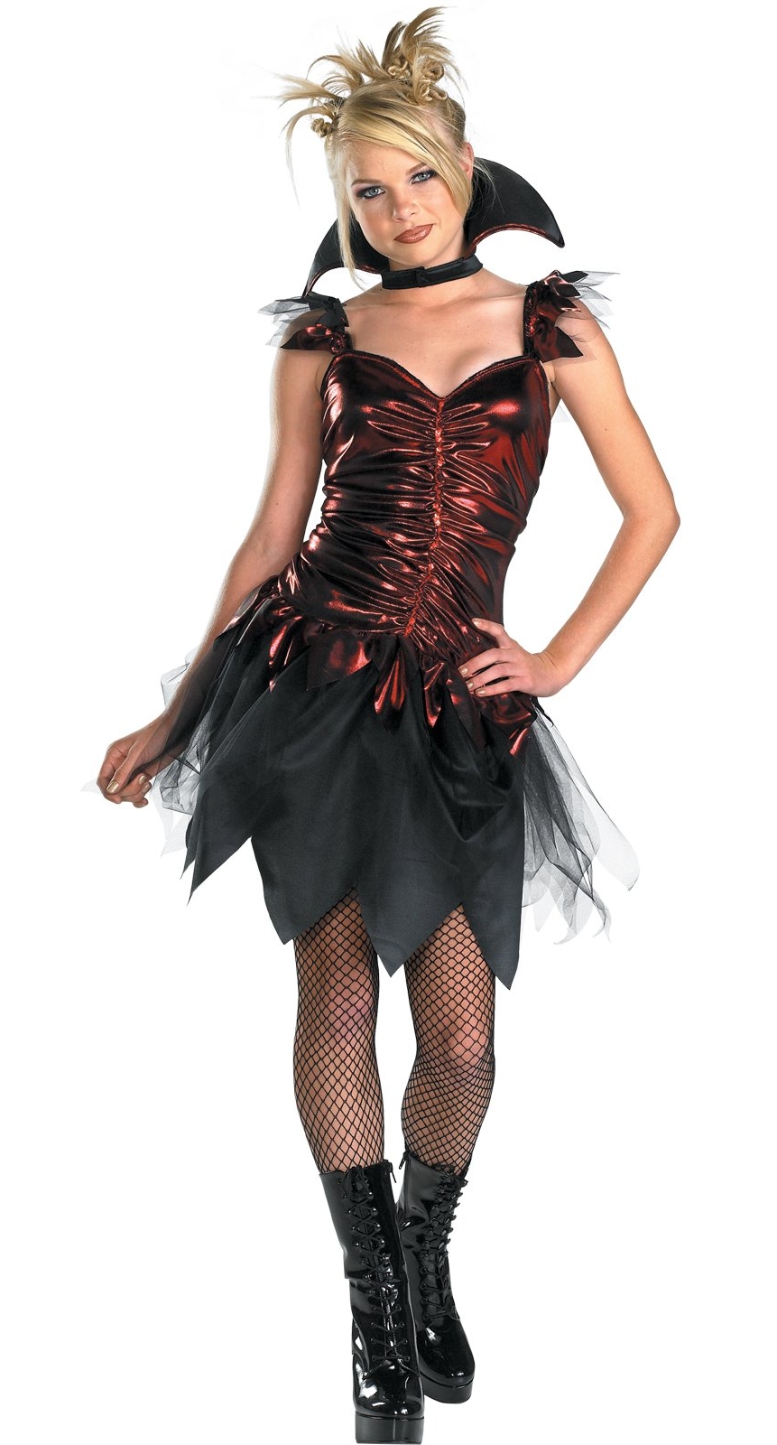 Blonde Gothic Girl wearing Black Fishnet Pantyhose and Black Short Dress